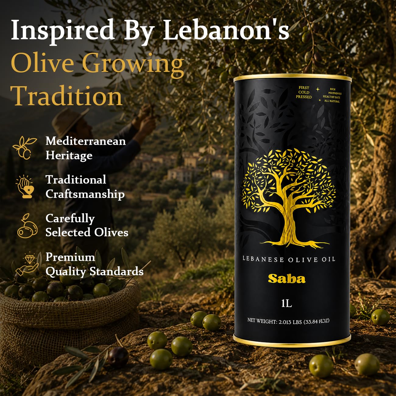 SABA Lebanese Extra Virgin Olive Oil 1L – First Cold Pressed Mediterranean EVOO