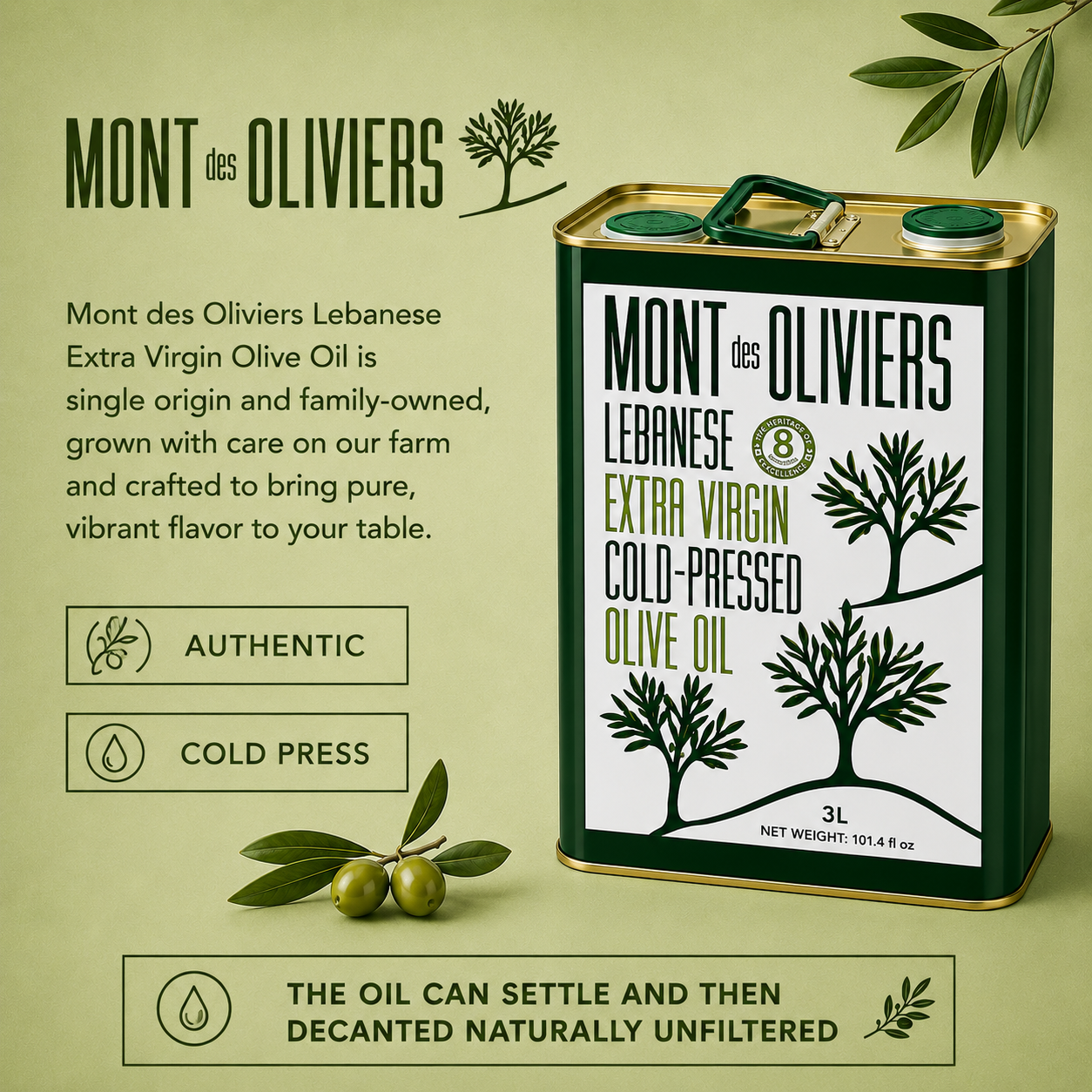 Mont des Oliviers Lebanese Extra Virgin Olive Oil – 3L Tin
